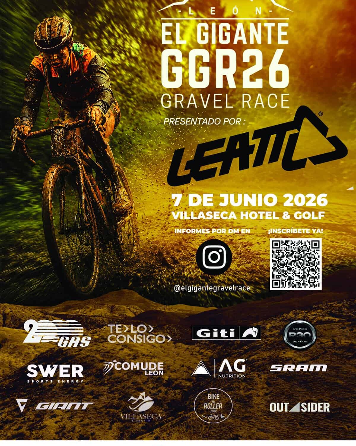 Participante en la carrera de ciclismo de montaña GGR26 en León, México, cubierto de barro y en acción en un terreno rocoso y.