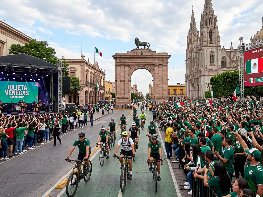 Caminata en León, México con gran afluencia de público y bicicletas en la calle principal.