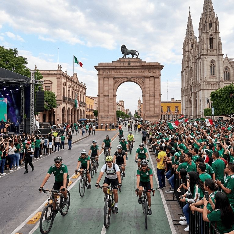 Caminata en León, México con gran afluencia de público y bicicletas en la calle principal.