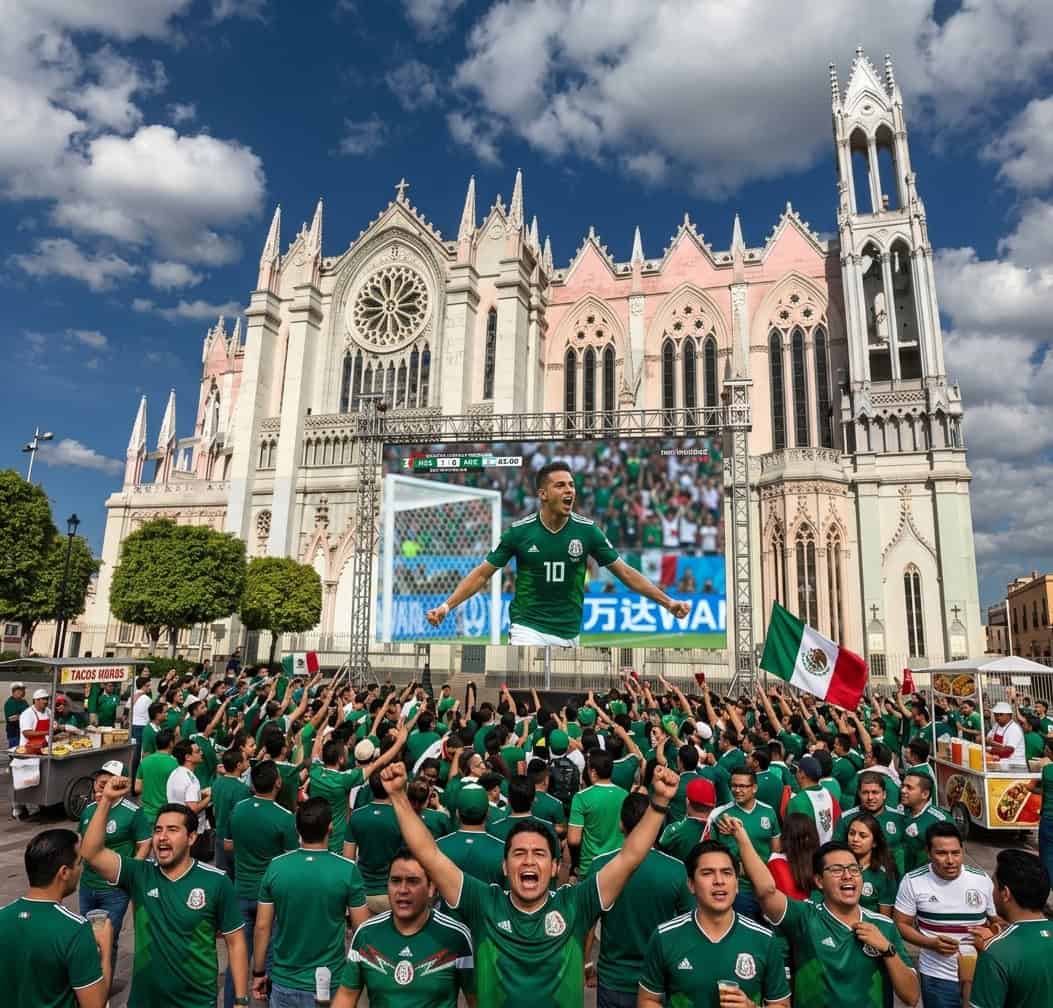 Celebración de aficionados mexicanos en León, con una pantalla gigante y la catedral de fondo, durante un evento deportivo im.