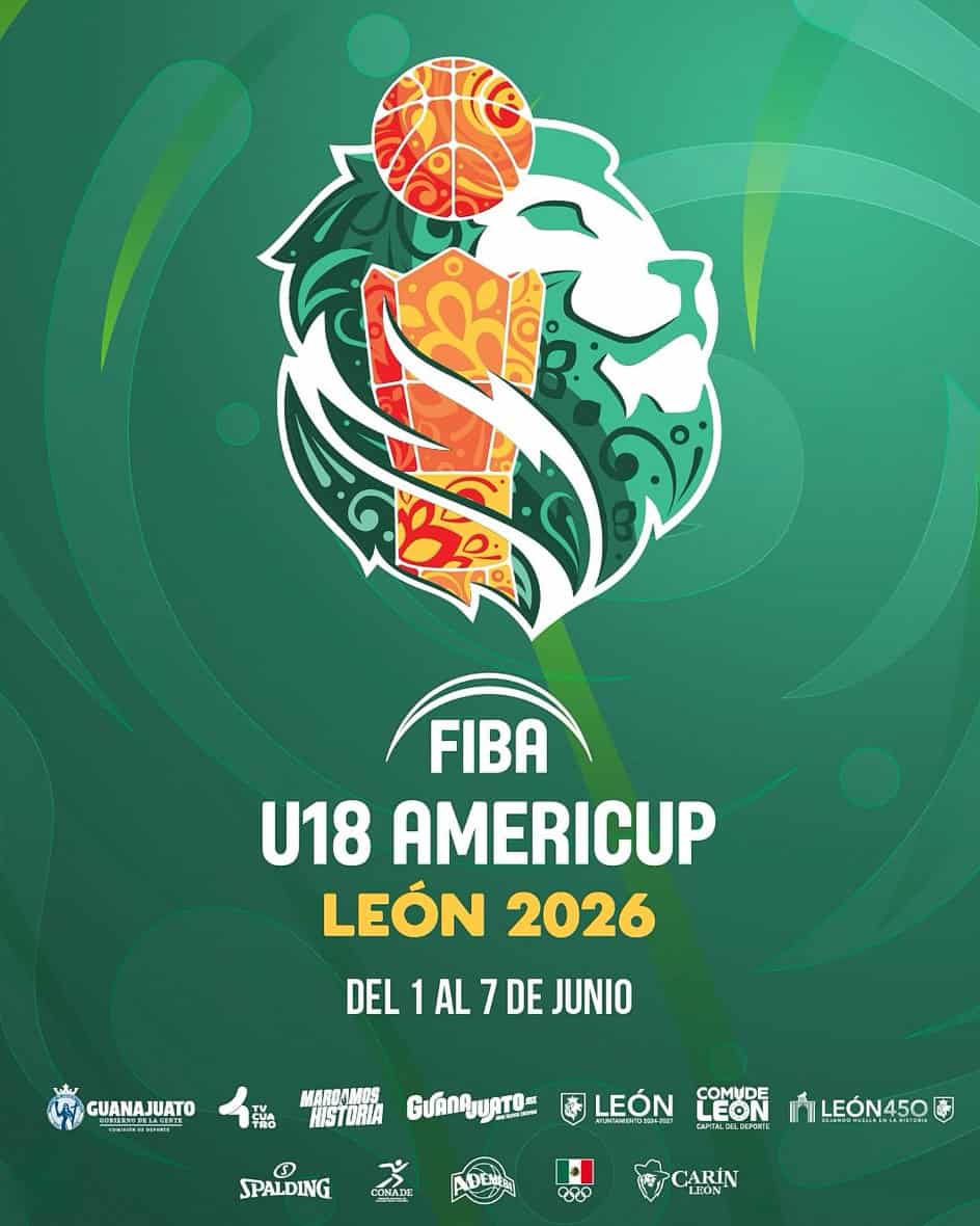 Logo del torneo U18 Americup 2026 en León, México, con un león estilizado y elementos deportivos en fondo verde.
