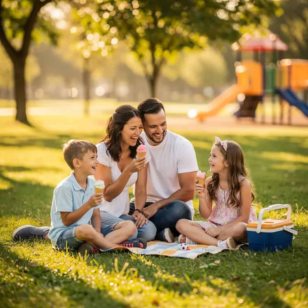 Familia feliz en parque de León disfrutando helados en un día soleado y cálido.