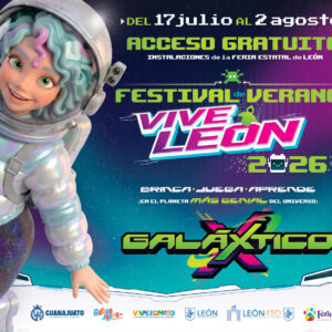 Imagen promocional del Festival de Verano Vive León 2026 con temática espacial y personajes coloridos.