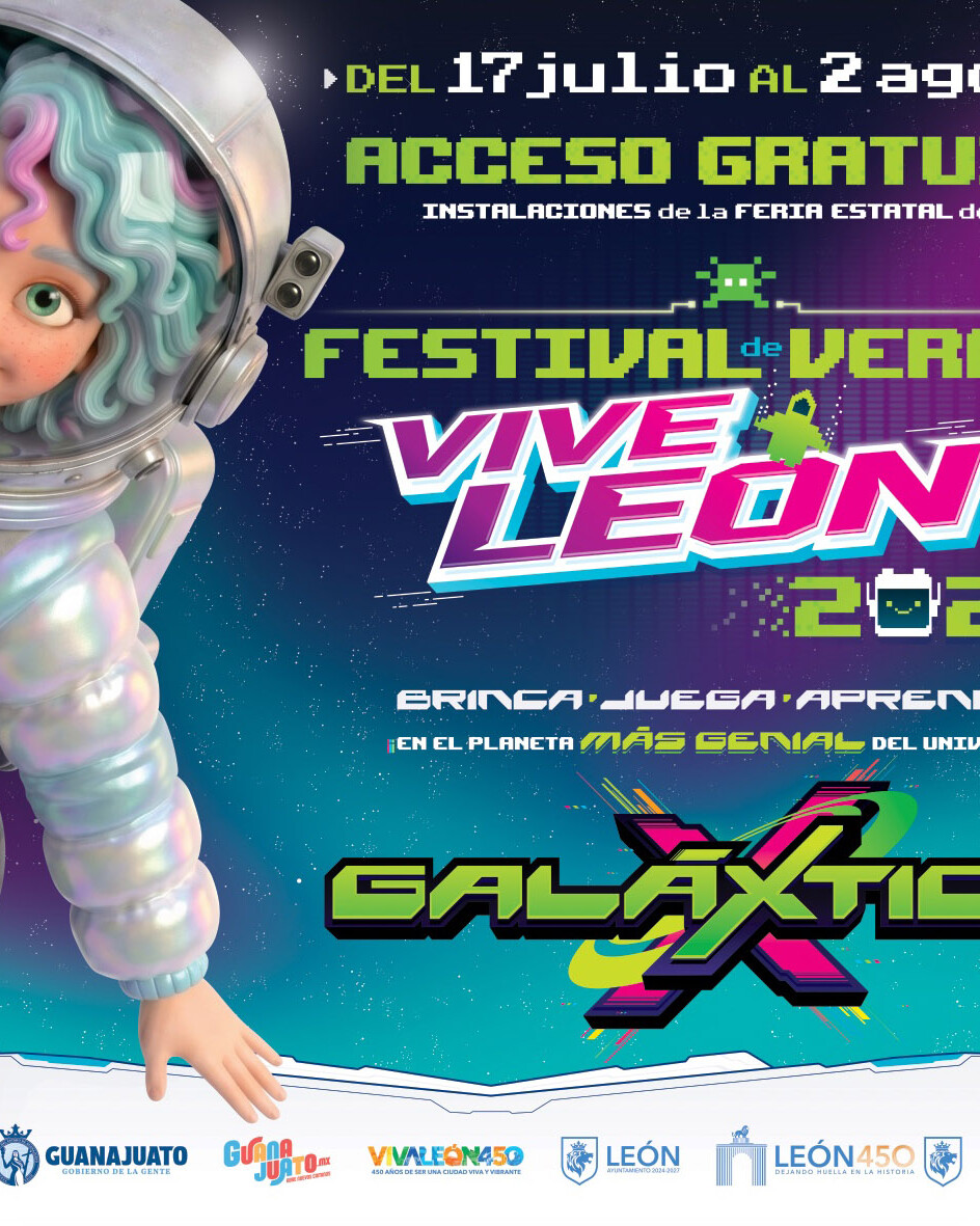 Imagen promocional del Festival de Verano Vive León 2026 con temática espacial y personajes coloridos.