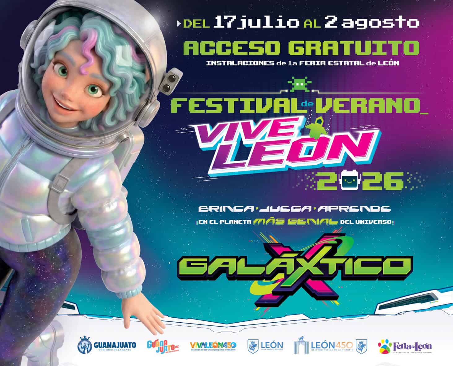 Imagen promocional del Festival de Verano Vive Le&oacute;n 2026 con tem&aacute;tica espacial y personajes coloridos.