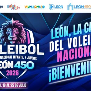 Cartel del Festival Nacional Infantil y Juvenil de Voleibol en León, Guanajuato, con un león y balón de voleibol.