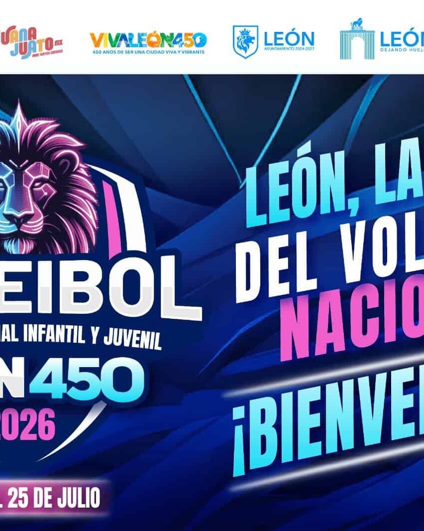 Cartel del Festival Nacional Infantil y Juvenil de Voleibol en León, Guanajuato, con un león y balón de voleibol.