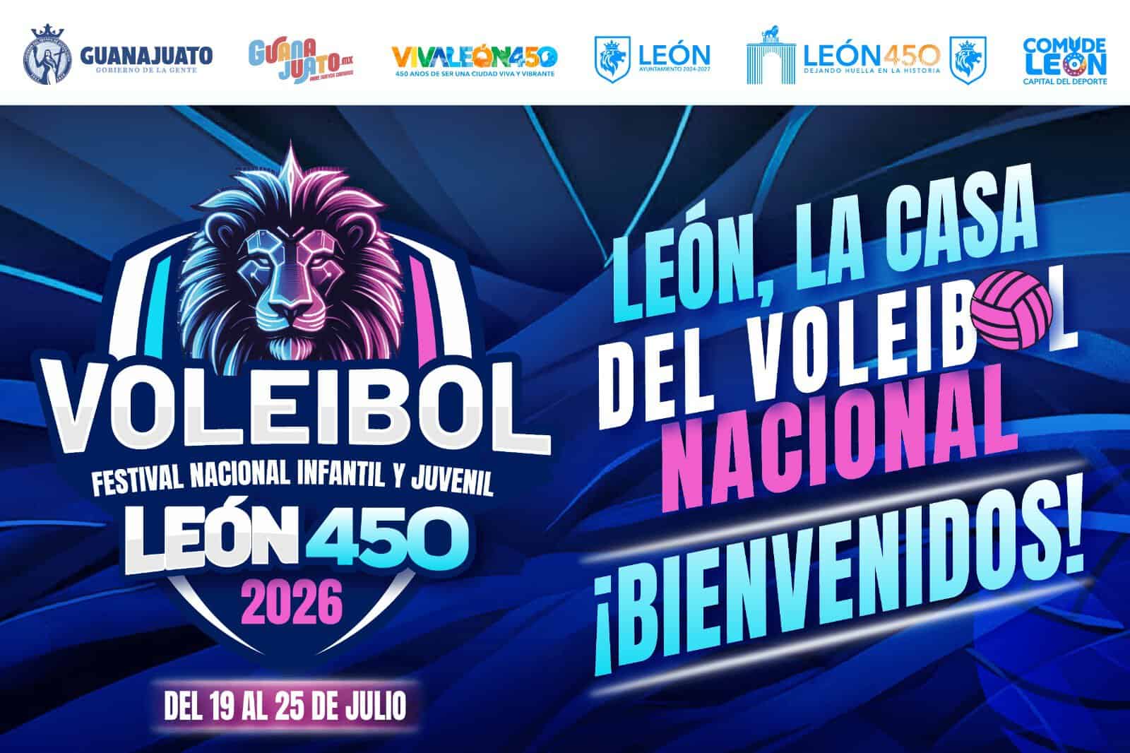 Cartel del Festival Nacional Infantil y Juvenil de Voleibol en León, Guanajuato, con un león y balón de voleibol.