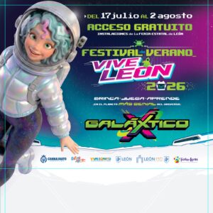 Imagen promocional del Festival de Verano Vive León 2026 con temática espacial y un personaje astronauta.