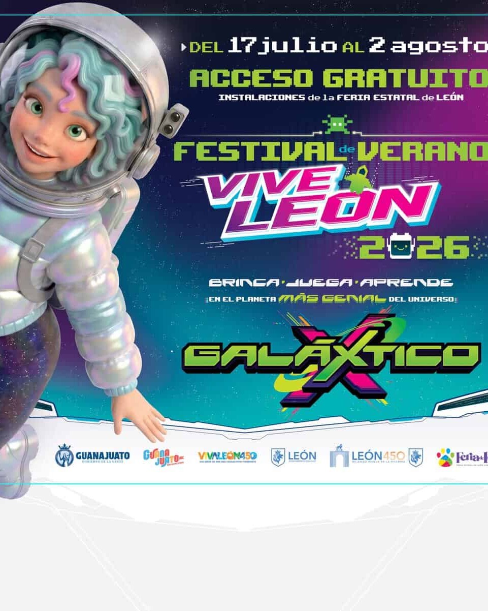Imagen promocional del Festival de Verano Vive León 2026 con temática espacial y un personaje astronauta.