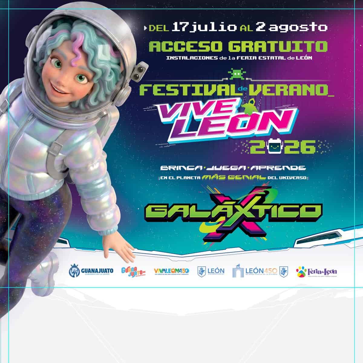 Imagen promocional del Festival de Verano Vive León 2026 con temática espacial y un personaje astronauta.