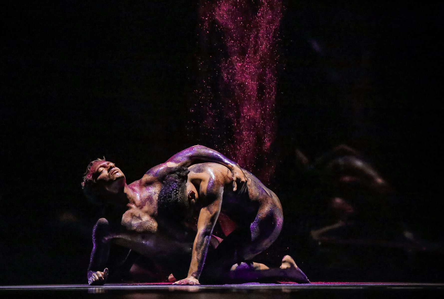 Bailarín en una pose de danza moderna en el escenario, con polvo de color rosa en el aire y fondo oscuro.