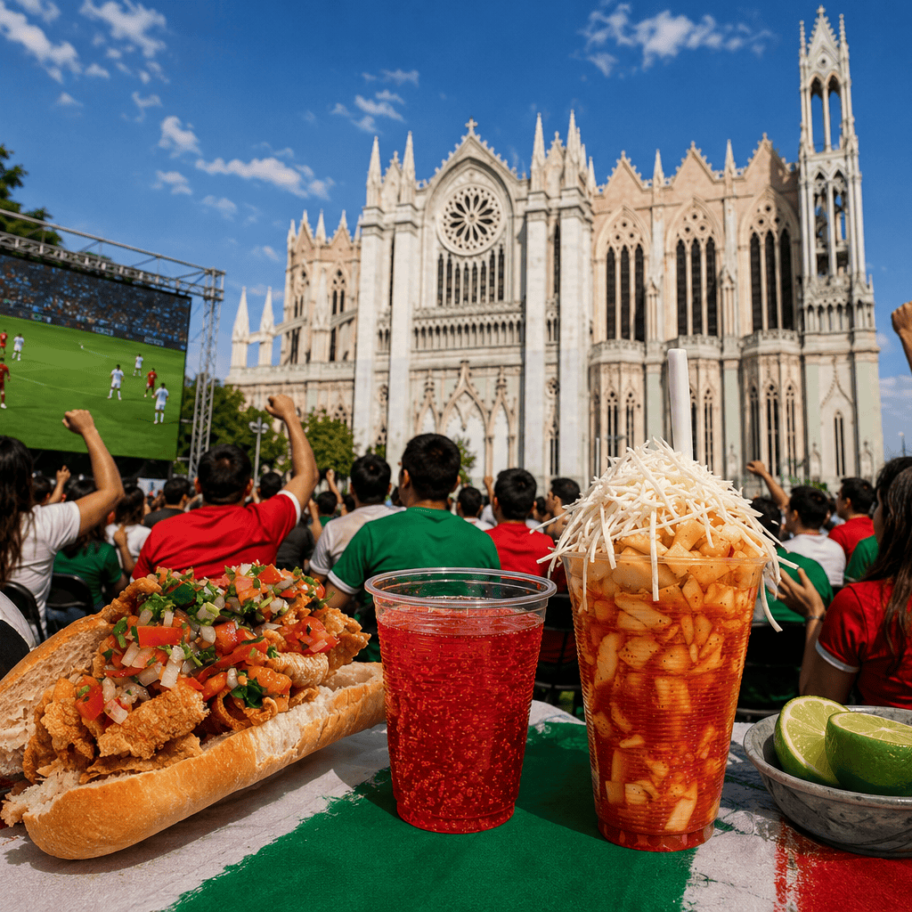 Aficionados en León disfrutando fútbol y comida mexicana frente a la catedral.