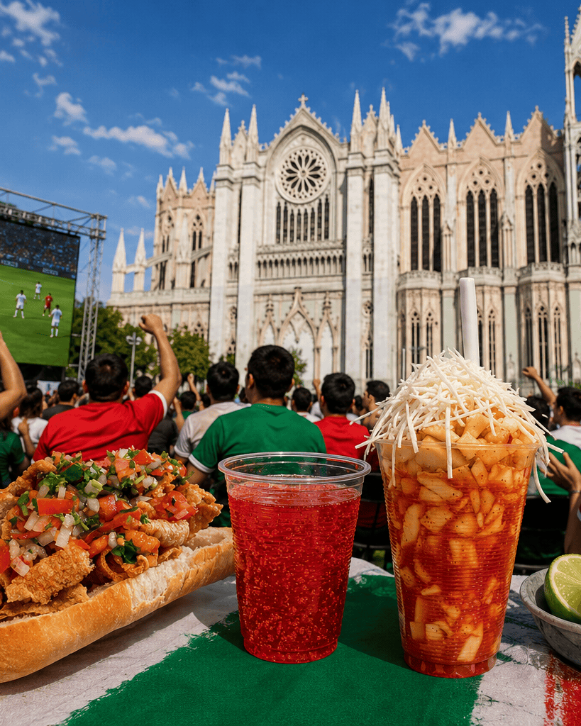 Aficionados en León disfrutando fútbol y comida mexicana frente a la catedral.