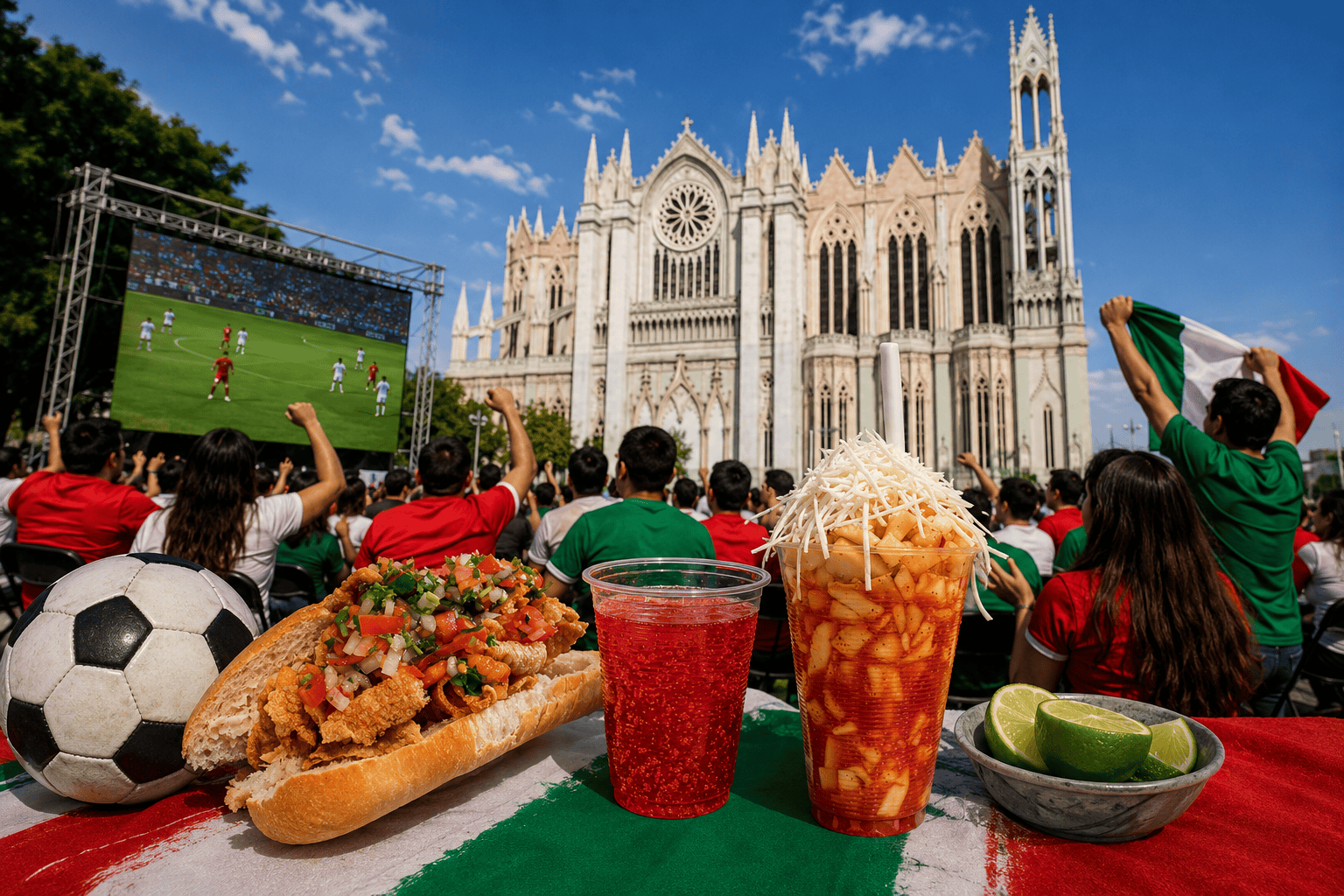 Aficionados en León disfrutando fútbol y comida mexicana frente a la catedral.
