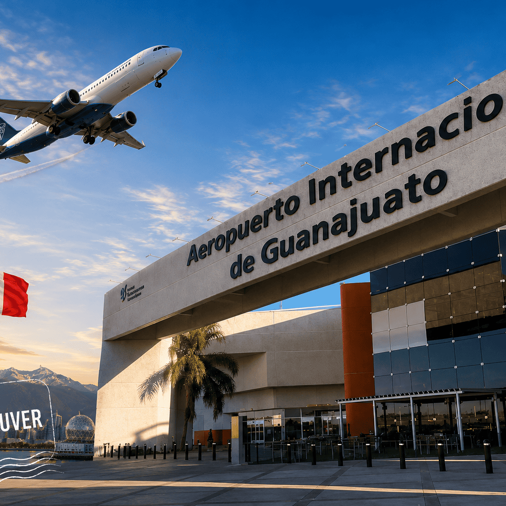 Avión despegando en el Aeropuerto Internacional de Guanajuato, con bandera de Canadá y paisaje montañoso.