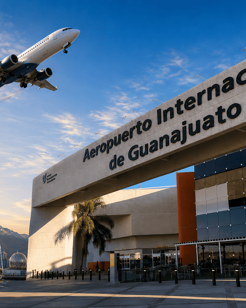 Avión despegando en el Aeropuerto Internacional de Guanajuato, con bandera de Canadá y paisaje montañoso.
