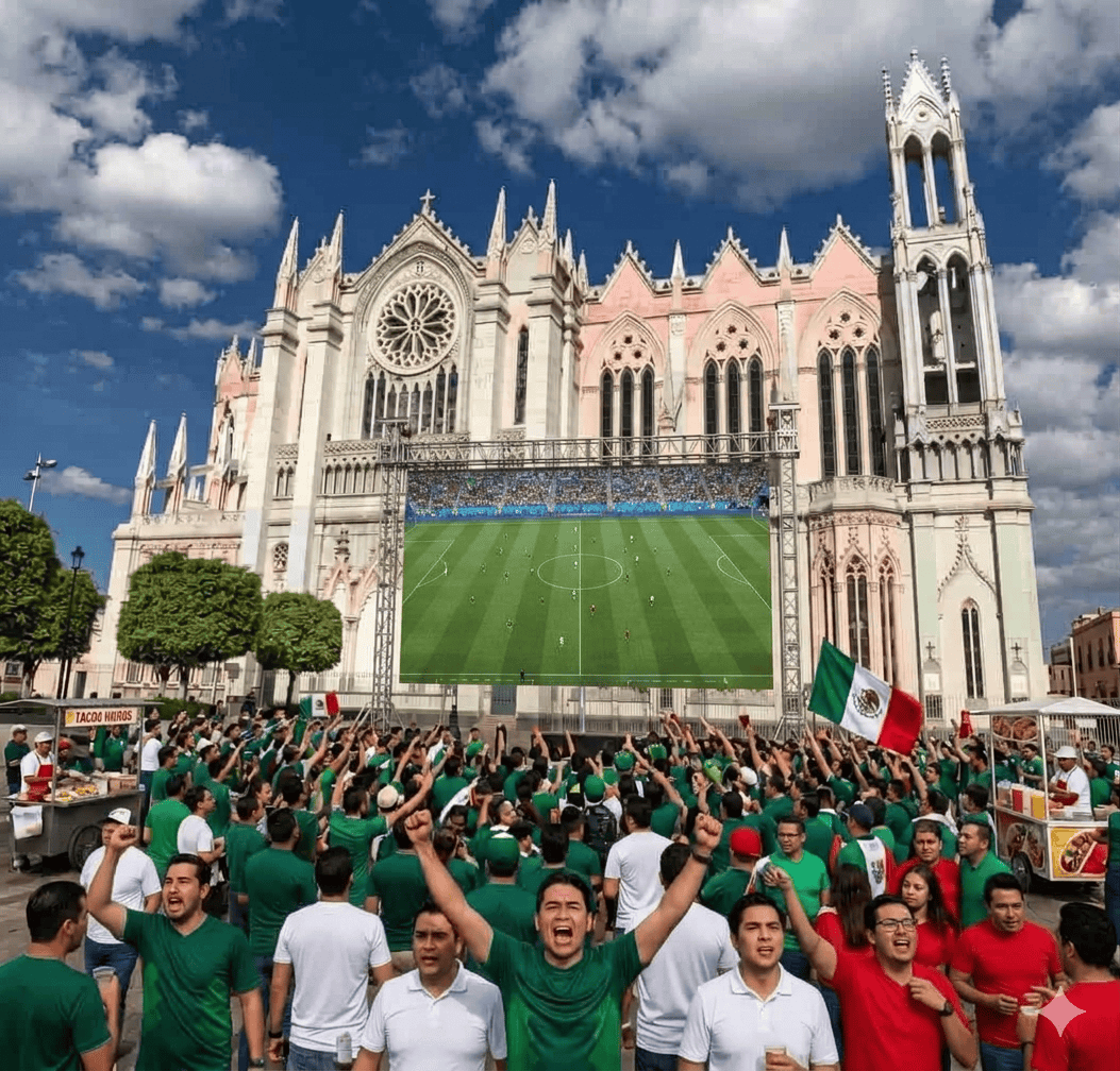 Espectadores disfrutando un partido de f&uacute;tbol en la Plaza Mayor de Le&oacute;n, con la catedral de fondo y un ambiente festivo.