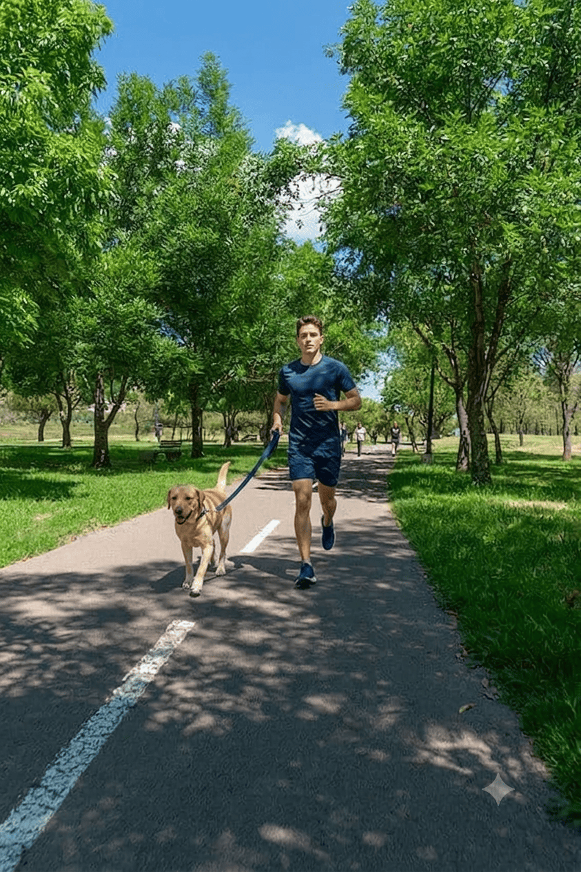 Joven corriendo con su perro en parque de Le&oacute;n, Guanajuato, en un d&iacute;a soleado y con &aacute;rboles verdes.