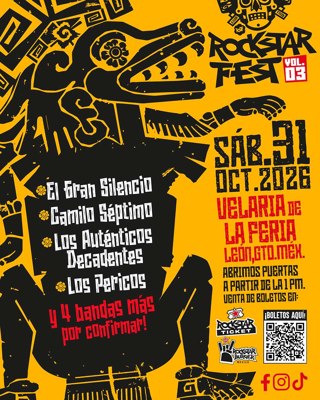 Cartel del Rockstar Fest Vol. 03 en León, Guanajuato, con diseño de calavera y guitarra, detalles del evento y venta de bol.