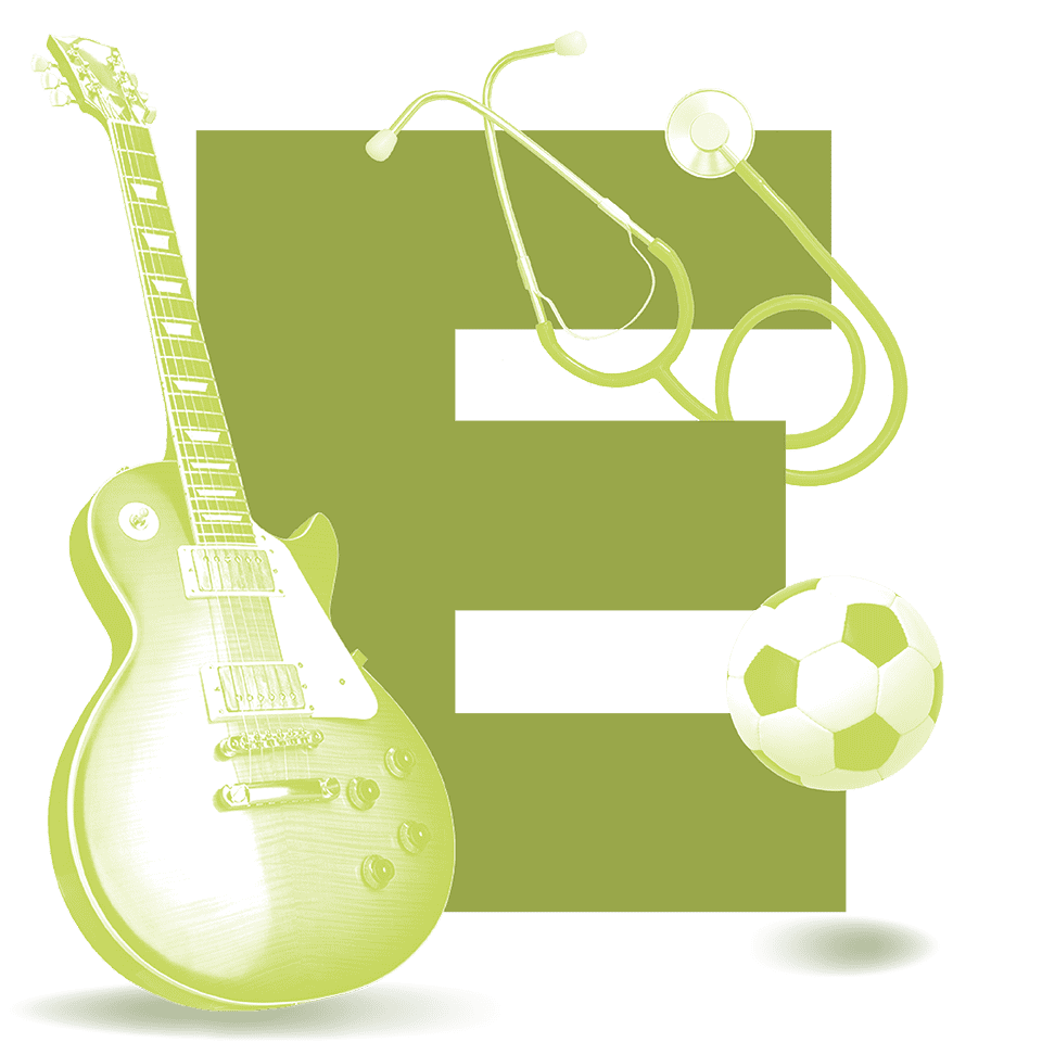 Guitarra eléctrica, estetoscopio y balón de fútbol en fondo verde, representando música, salud y deporte en León, Méxic.
