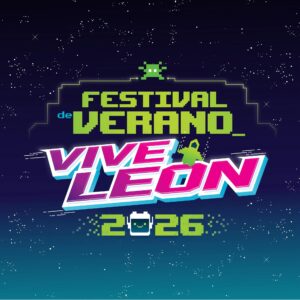 Cartel del Festival de Verano Vive León 2026 con estilo pixel art y temática espacial en colores neón.