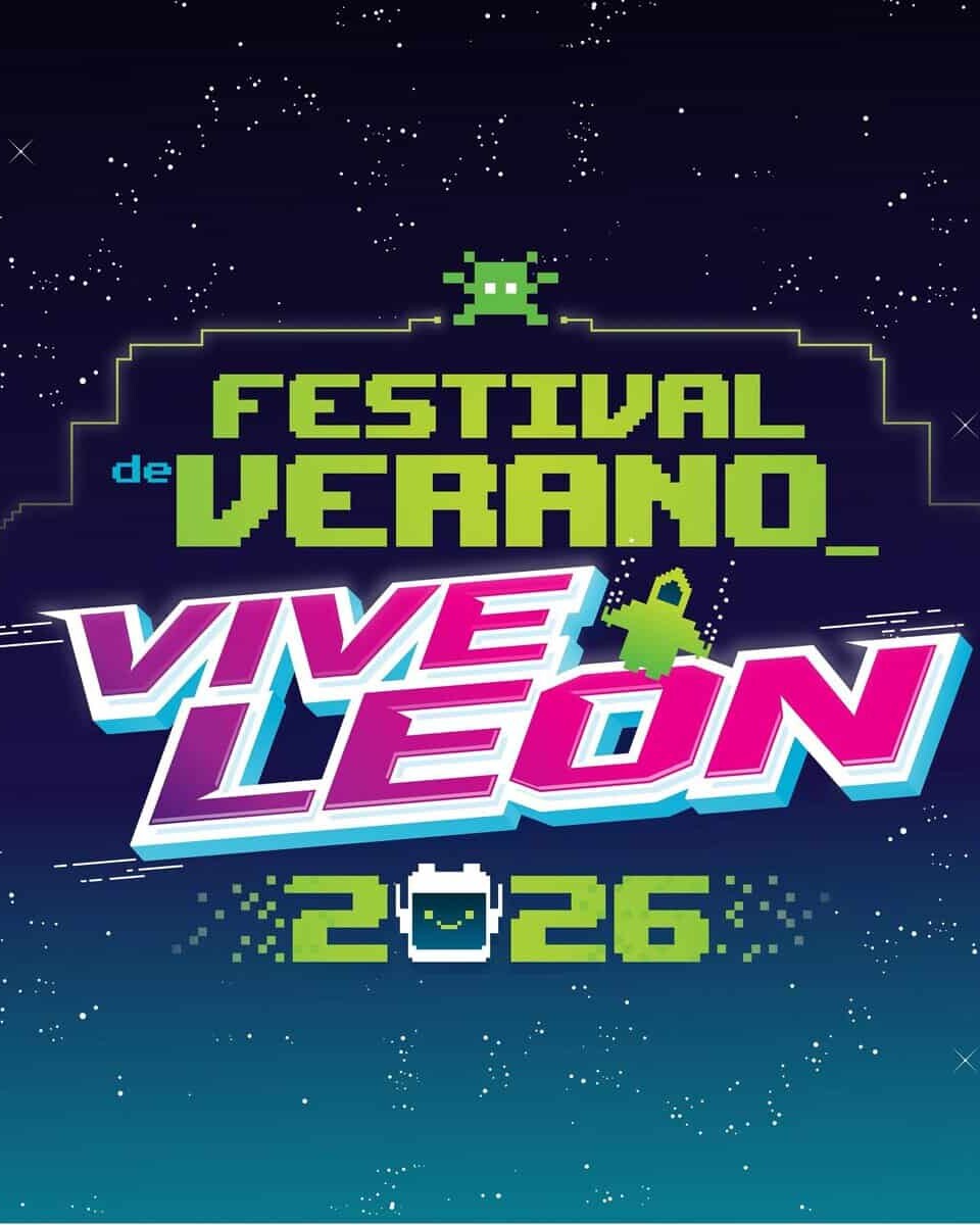Cartel del Festival de Verano Vive León 2026 con estilo pixel art y temática espacial en colores neón.