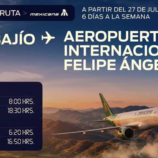 Avión en vuelo sobre León, Guanajuato, promocionando la nueva ruta aérea Bajío–AIFA.