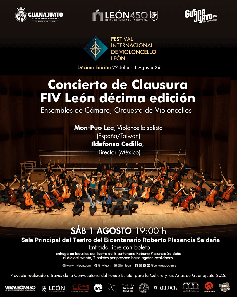 Orquesta de violoncellos en concierto de clausura del Festival Internacional de Violoncello León 2026.