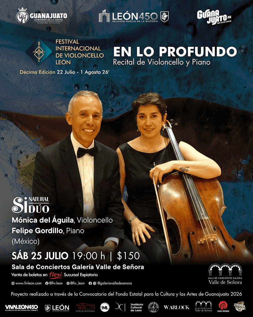 Recital de violonchelo y piano en León, evento cultural con Mónica del Águila y Felipe Gordillo, parte del Festival de Violon.