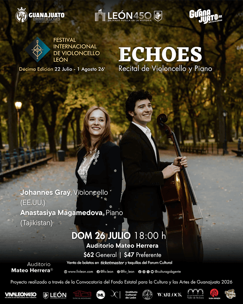 Concierto de violonchelo y piano en el Festival Internacional de Violoncello León 2026, con jóvenes músicos en parque.