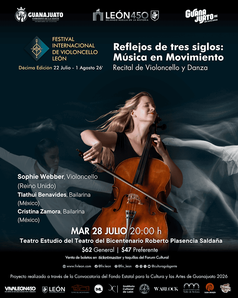 Recital de violonchelo y danza en León, Guanajuato, con artistas internacionales en el Festival de Violoncello 2026.