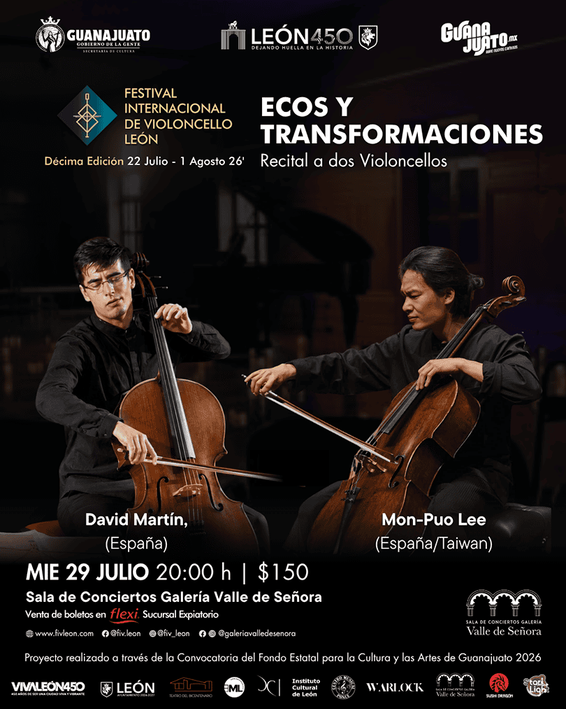 Dos violoncellistas en concierto en León, Guanajuato, durante el Festival Internacional de Violoncello 2026, con enfoque en '.