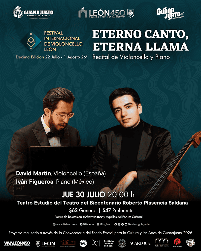 Concierto de violonchelo y piano en León, Guanajuato, con artistas internacionales en el Festival de Violoncello 2026.