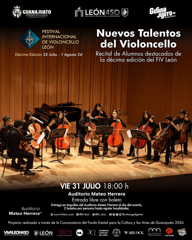 Orquesta de jóvenes violoncellistas en concierto en León, Guanajuato, durante el Festival Internacional de Violoncello 2026.