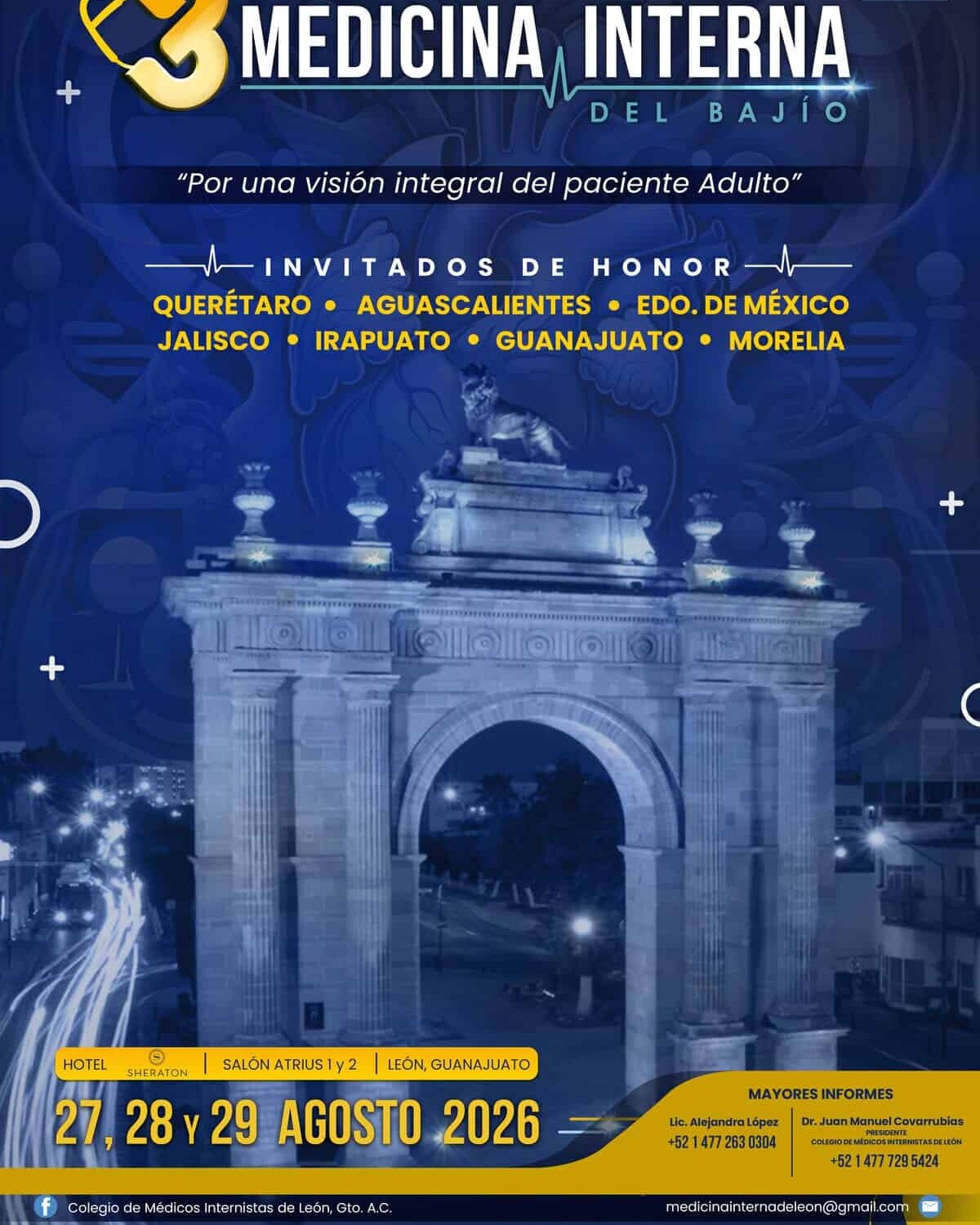 Cartel del Congreso de Medicina Interna del Bajío en León, Guanajuato, con detalles del evento y fechas.