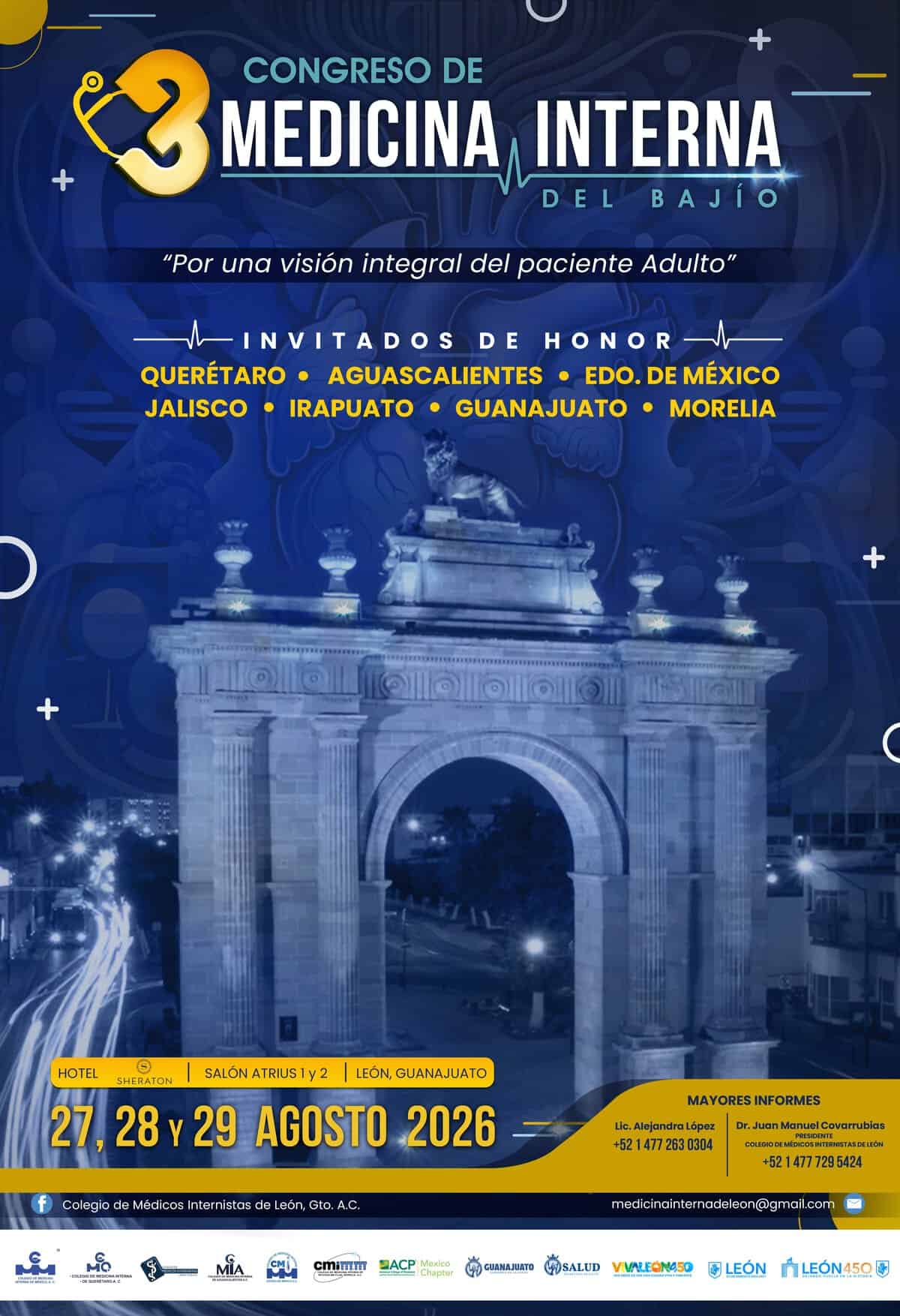 Cartel del Congreso de Medicina Interna del Bajío en León, Guanajuato, con detalles del evento y fechas.
