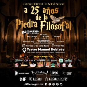 Concierto sinfónico en León, celebración de 25 años de La Piedra Filosofal, en el Teatro Manuel Doblado, con orquesta y bolet.