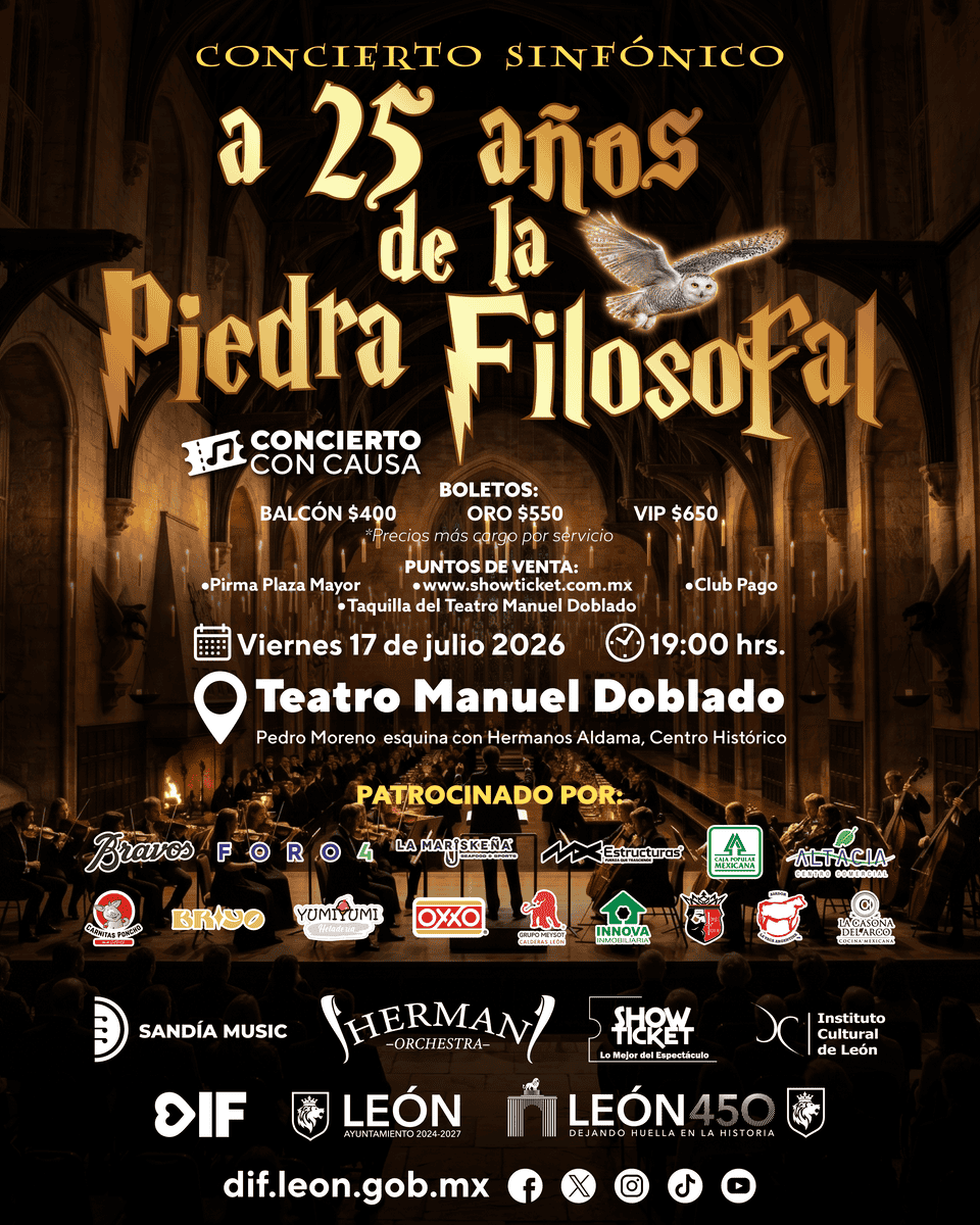 Concierto sinfónico en León, celebración de 25 años de La Piedra Filosofal, en el Teatro Manuel Doblado, con orquesta y bolet.