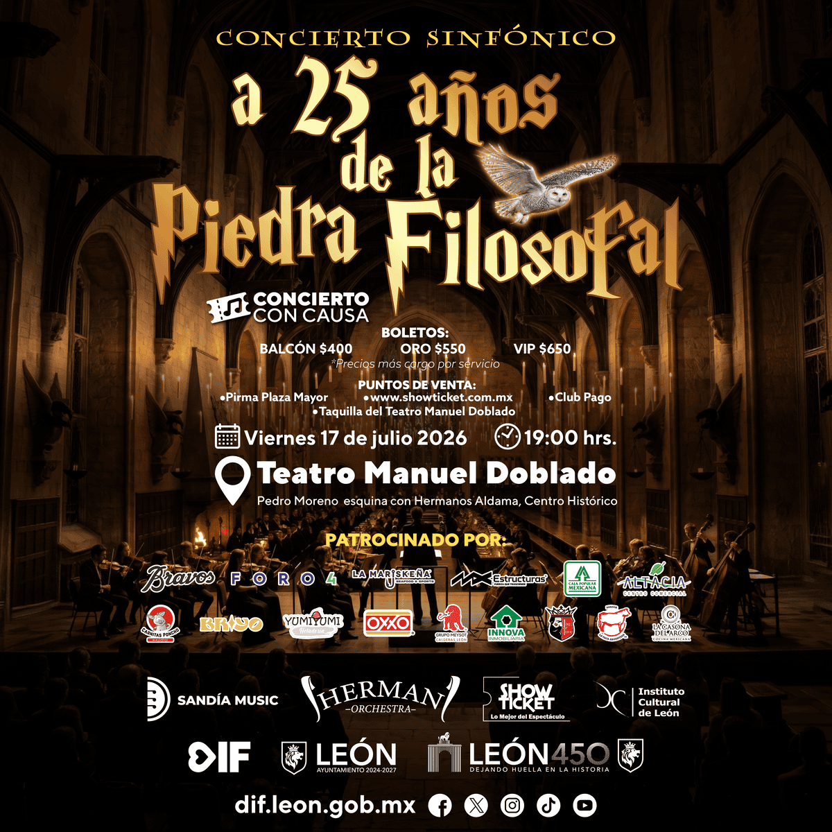 Concierto sinfónico en León, celebración de 25 años de La Piedra Filosofal, en el Teatro Manuel Doblado, con orquesta y bolet.