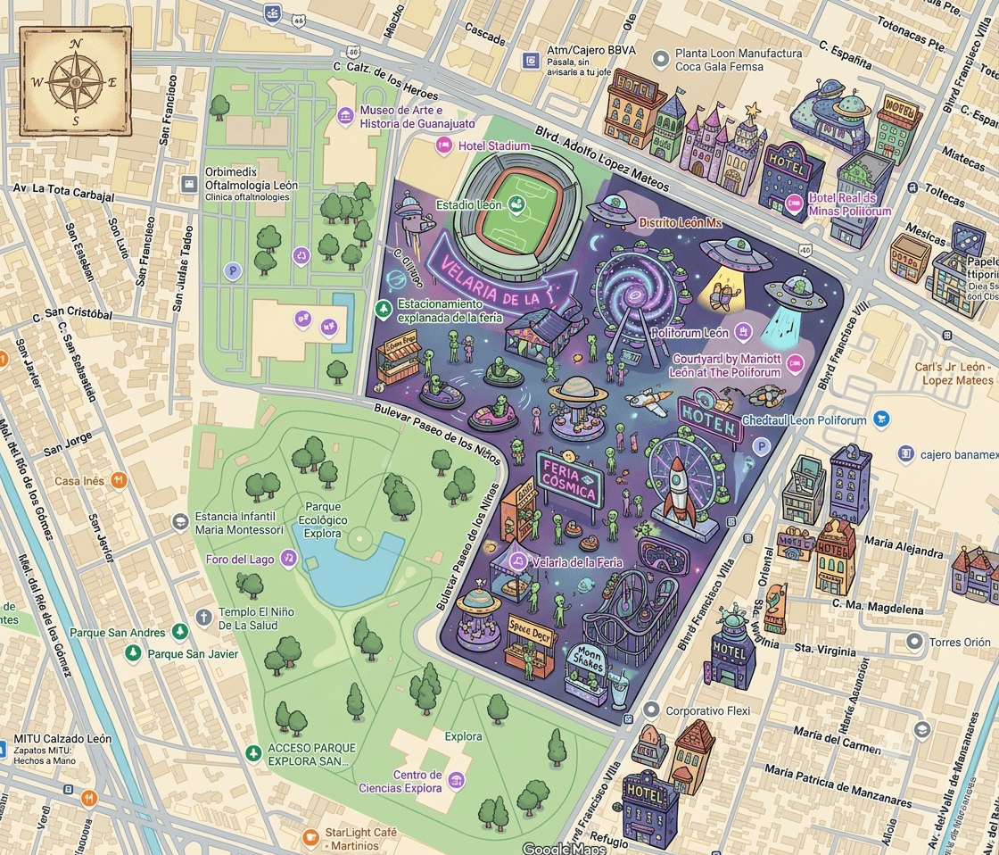 Mapa ilustrado del Festival de Verano Vive León 2026 con atracciones y zonas de comida en León, Guanajuato, México.