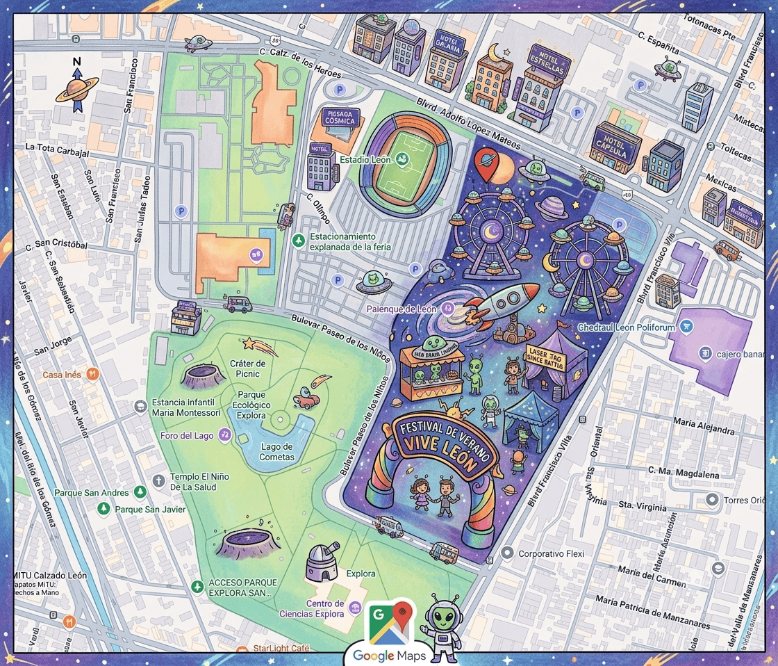 Mapa del Festival Vive León 2026 con atracciones y ubicación en León, Guanajuato, México.