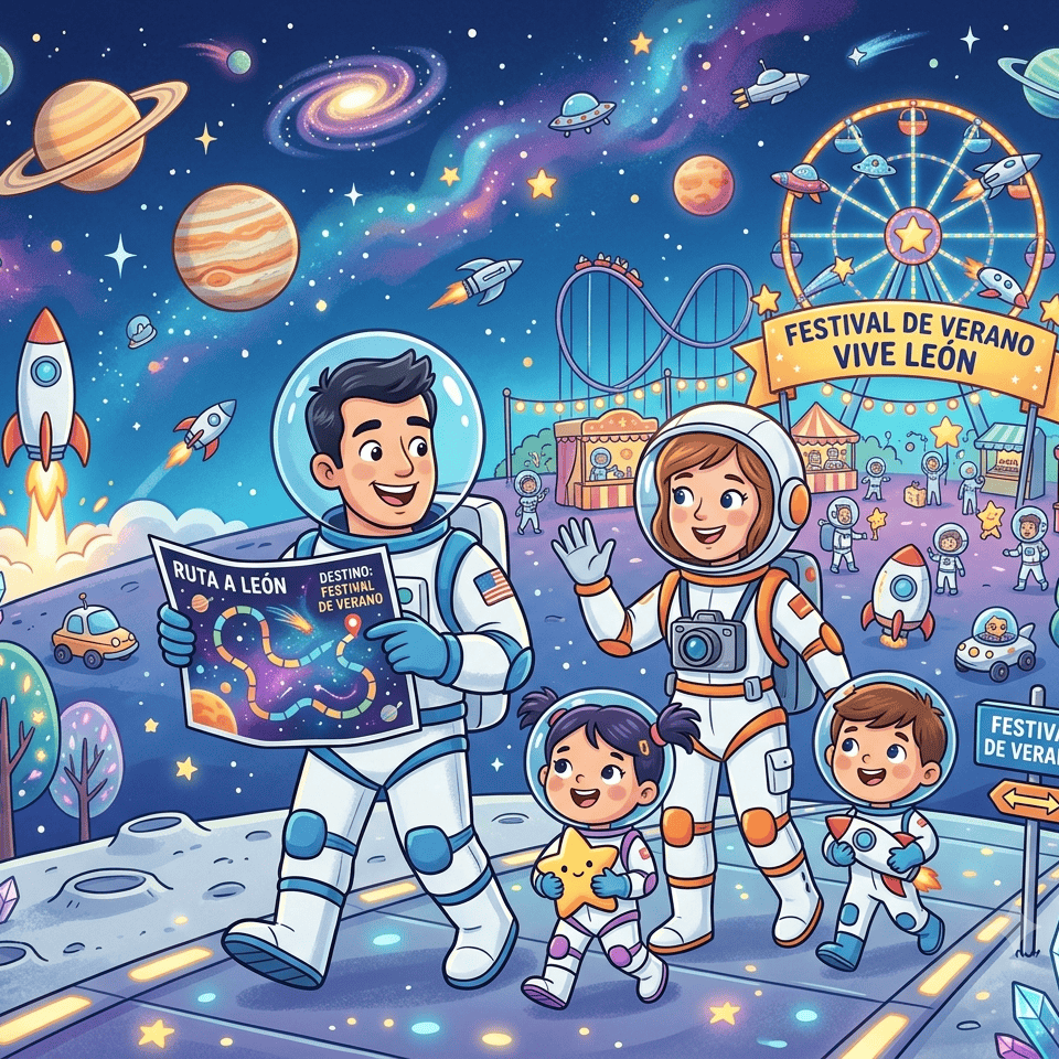 Ilustración de niños en un parque temático espacial en León, Guanajuato, con atracciones y el Festival de Verano Vive León 26.