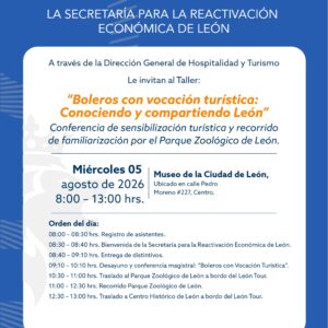 Cartel informativo sobre taller de boleros con vocación turística en León, Guanajuato, México.