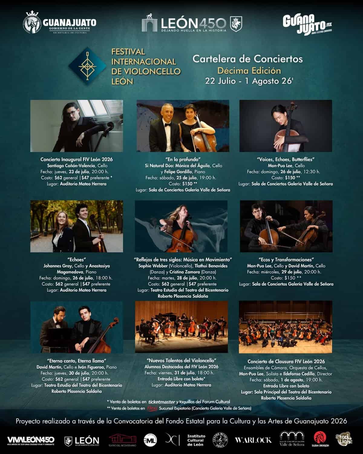 Conciertos y ensayos del Festival Internacional de Violoncello en León, Guanajuato, con músicos destacados y ambiente musical.