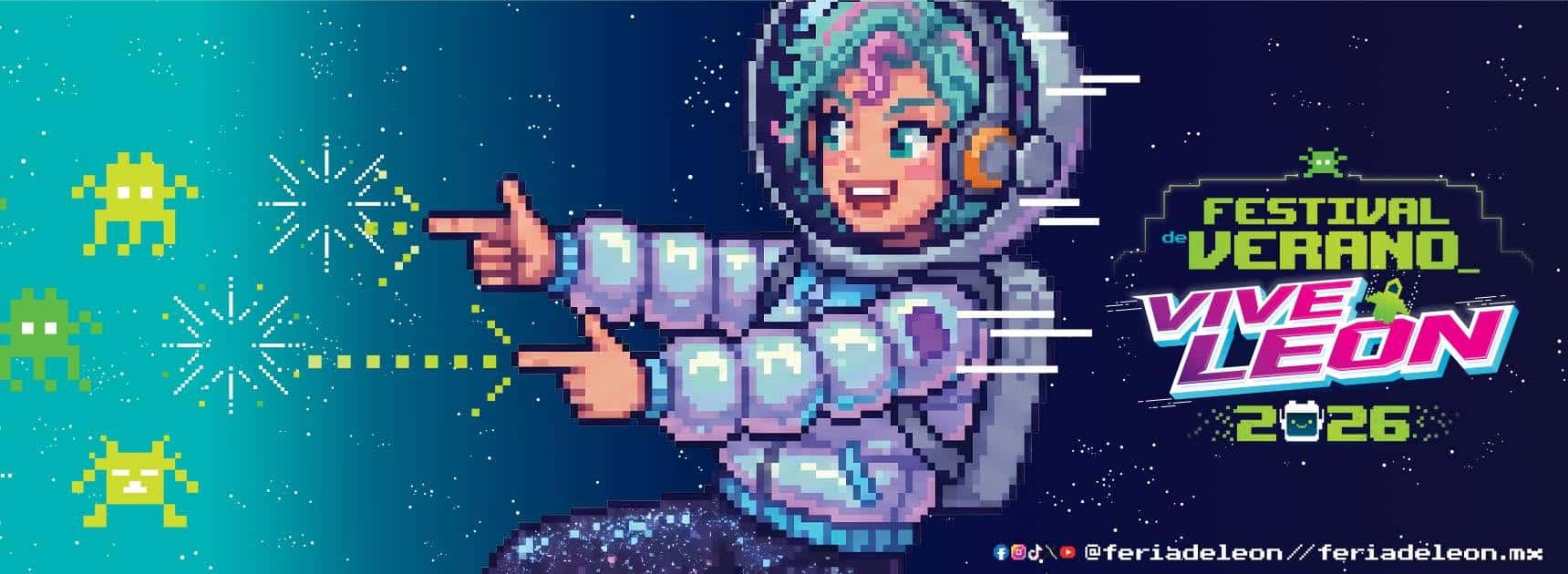 Imagen pixelada de una astronauta con auriculares en un fondo espacial con alienígenas y fuegos artificiales, promocionando V.