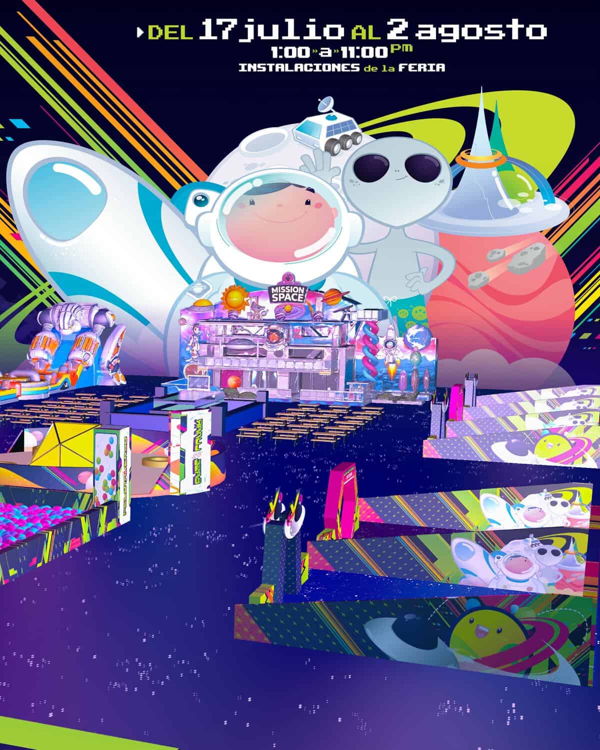 Escenario y decoraciones del Festival de Verano Vive León 2026 con temática espacial y personajes divertidos.