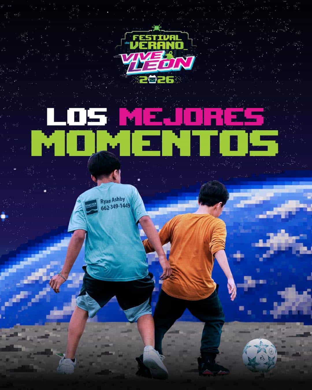 Niños jugando fútbol en un escenario digital del Festival Verano Vive León 2026, evento cultural en León, Guanajuato.