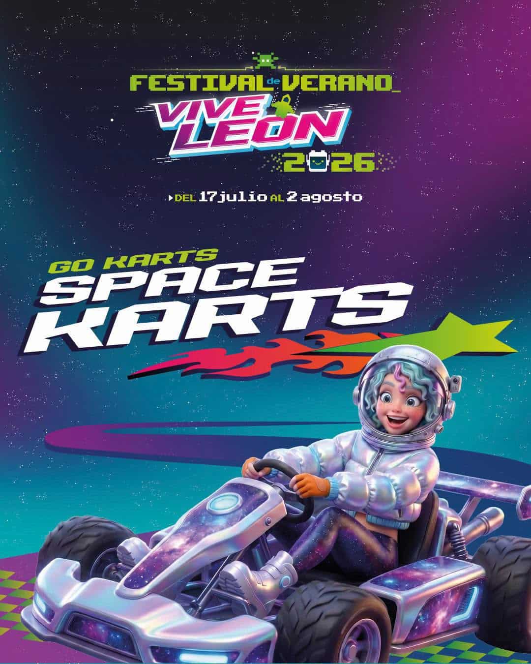Carrera de karts en el Festival de Verano Vive León 2026, evento familiar con temática espacial y diversión en León, Guanajuo.