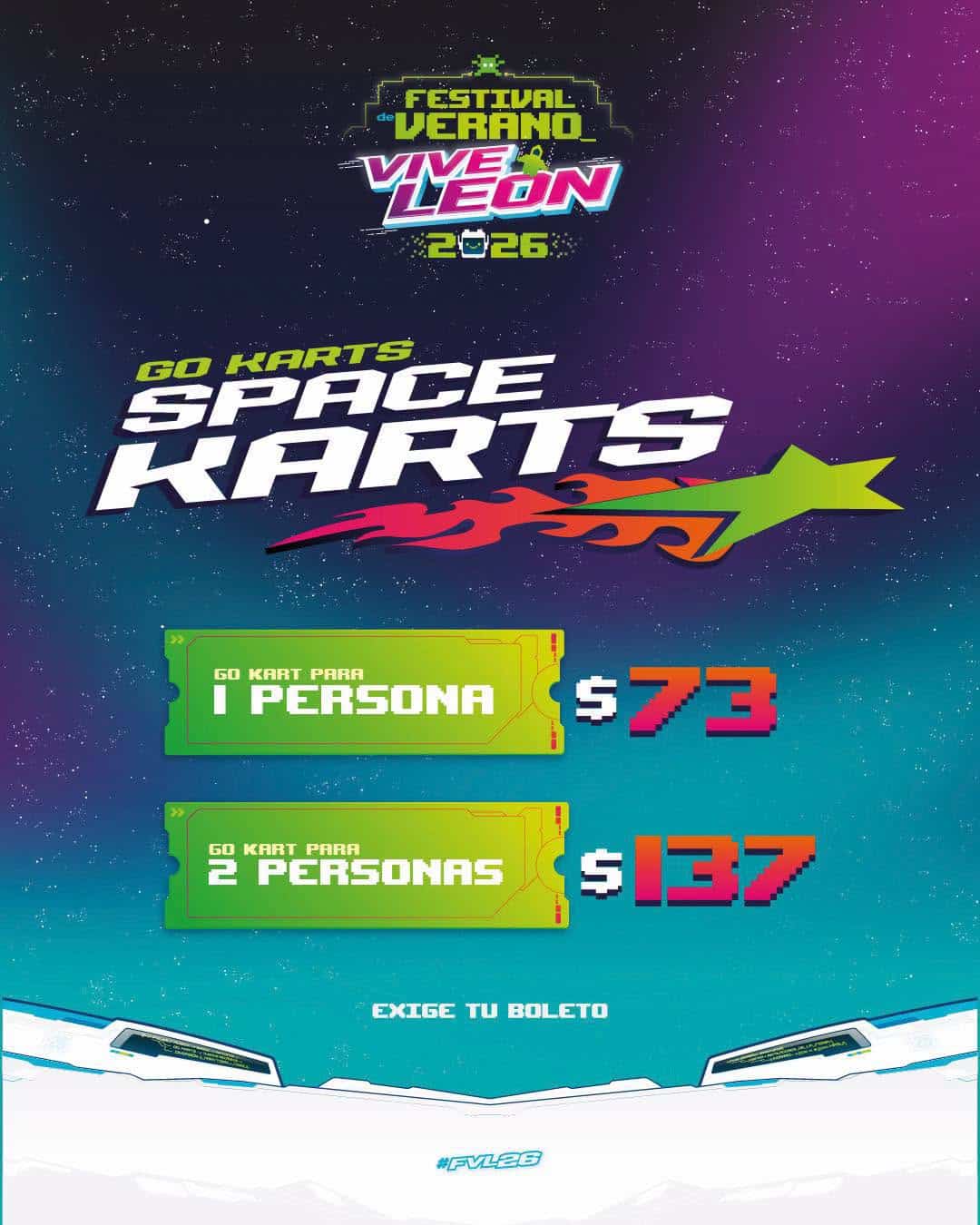 Cartel del Festival de Verano Vive León 2026 con temática espacial y carreras de karts para uno o dos jugadores.